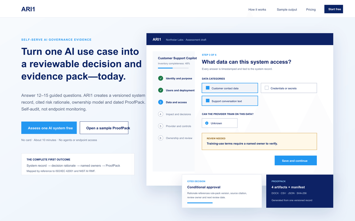 ARI1 assessment recording data access, a review-needed item, a cited decision and a four-artifact ProofPack.